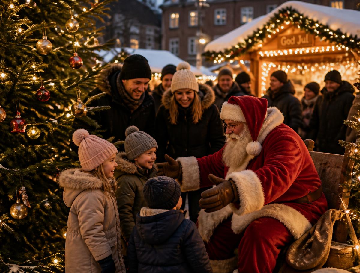 Familjer och tomten vid en julgran på julmarknaden