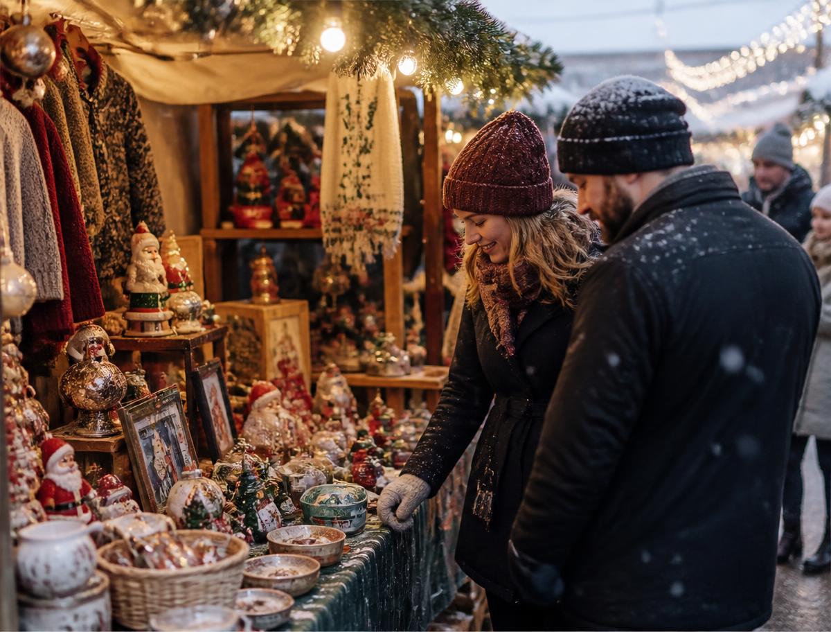Ett julstånd med hantverk och julprydnader