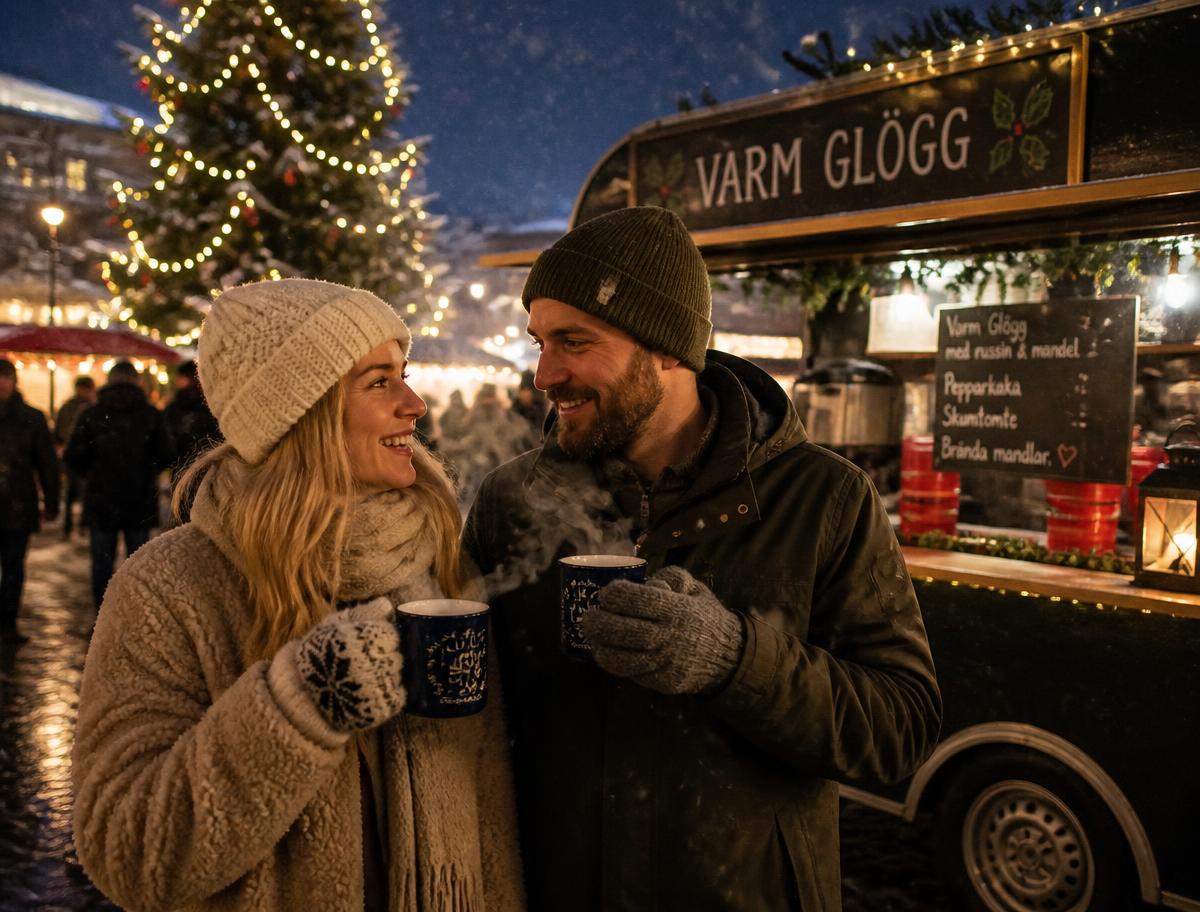 Två personer med glögg framför en foodtruck på julmarknaden