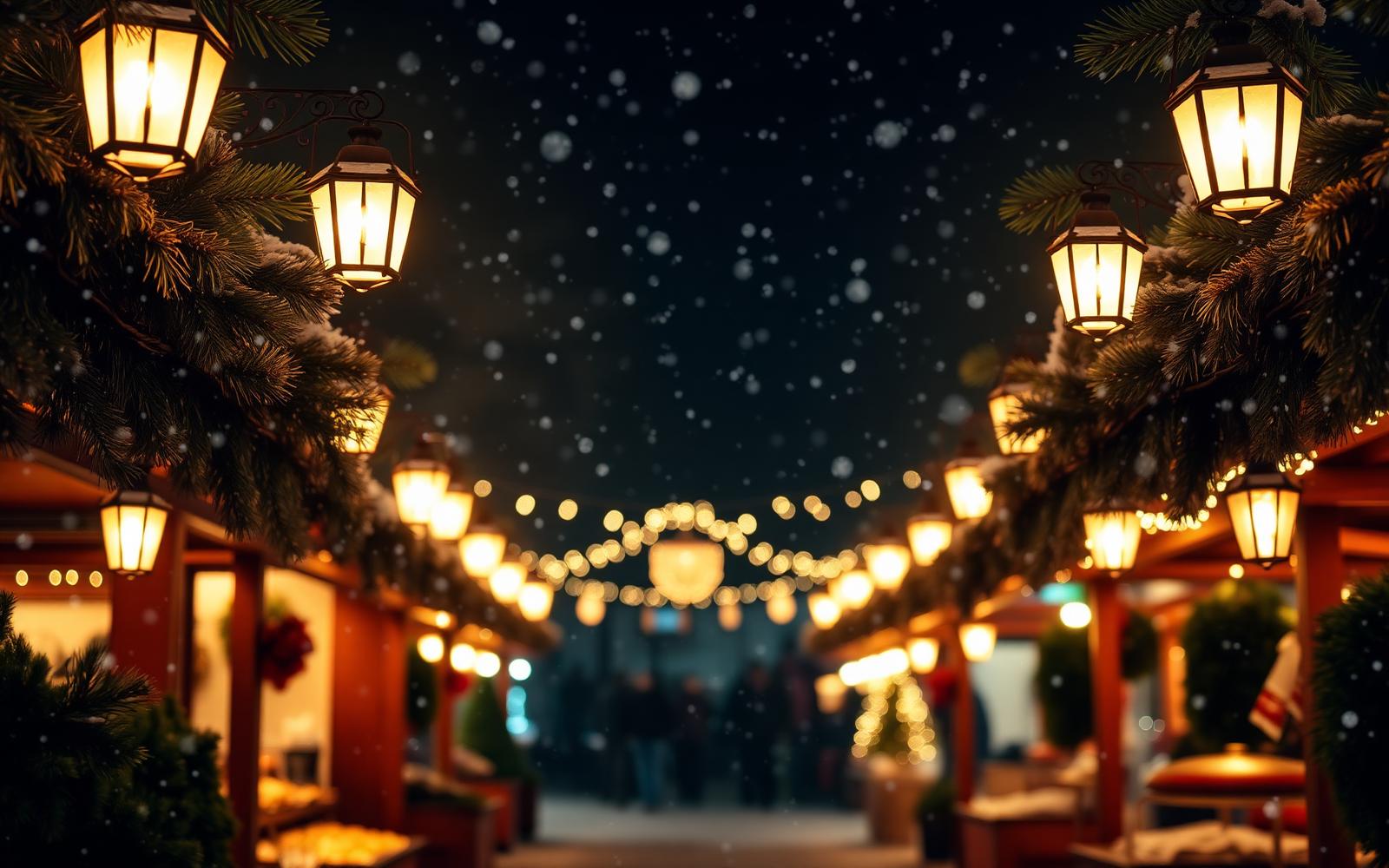 Julmarknad med lyktor, granris och ljusslingor i snöfall