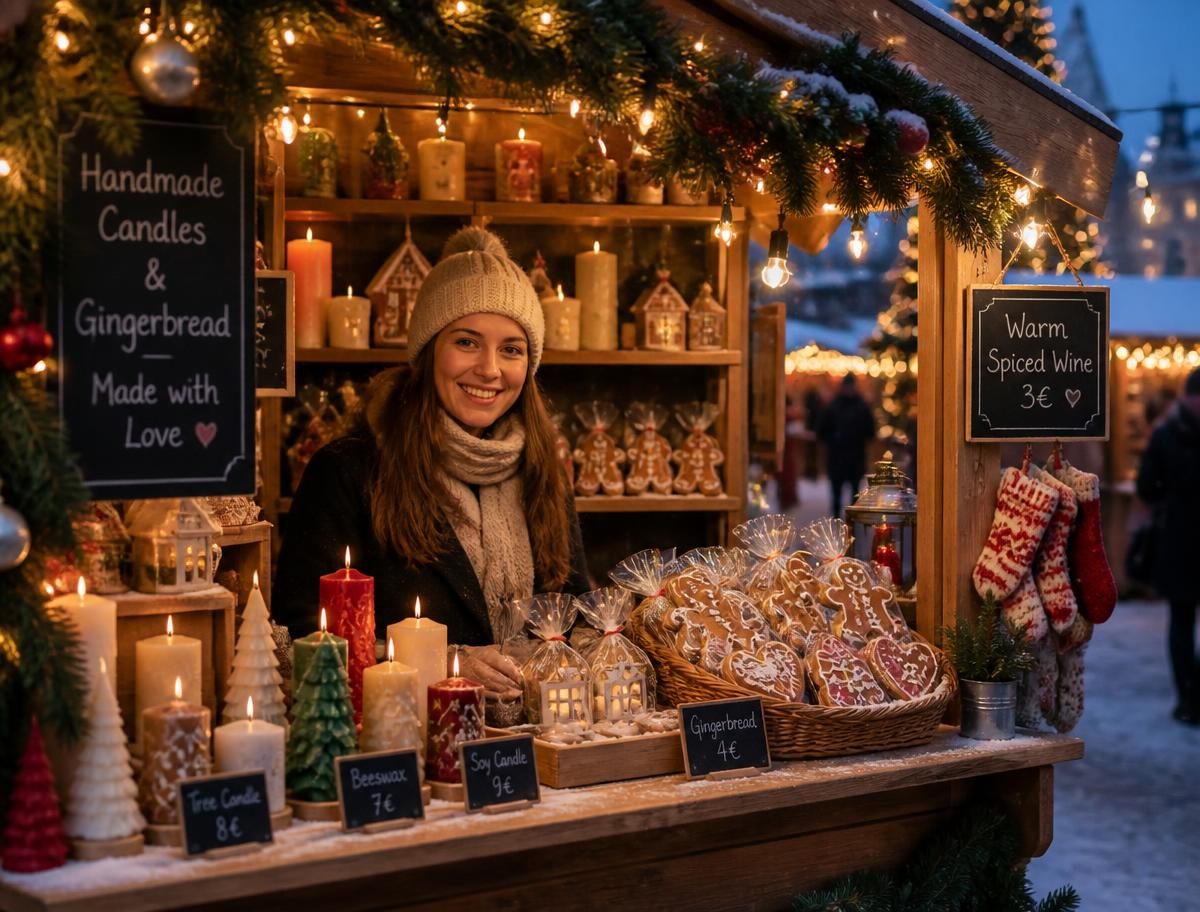 Utställare i ett julstånd med hantverk och ljus